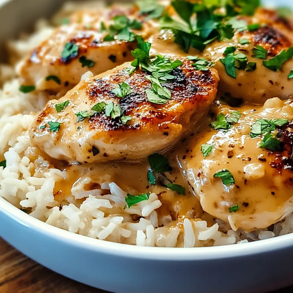 Plate of smothered chicken and rice with creamy sauce and herbs