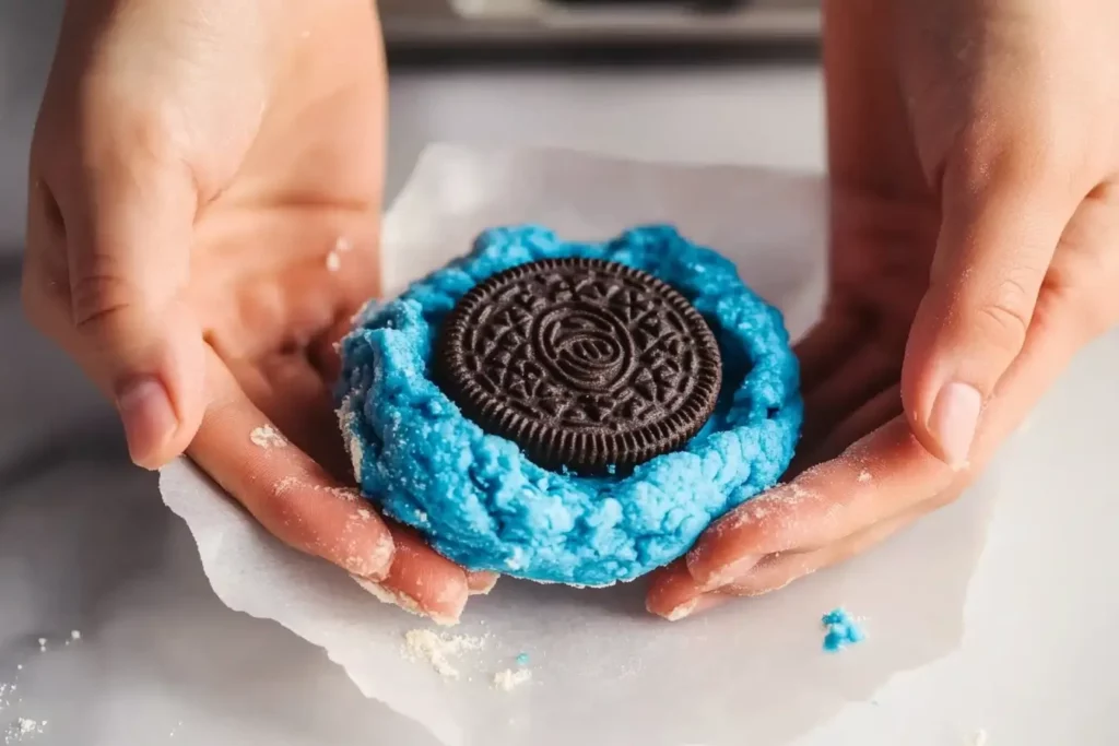 Cookie Monster cookie dough being wrapped around an Oreo