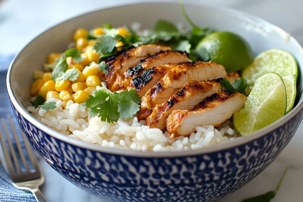 Street corn chicken rice bowl topped with grilled chicken, creamy corn, cilantro, and lime wedges