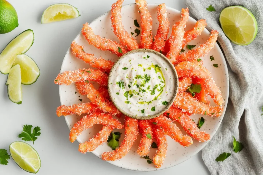 Watermelon fries with Tajin seasoning served beside coconut lime dip on a summer platter.