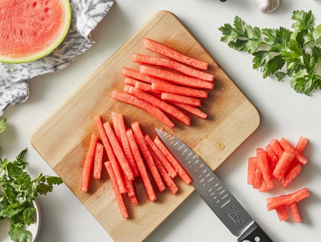 Cutting watermelon into fry-shaped sticks using a crinkle cutter.