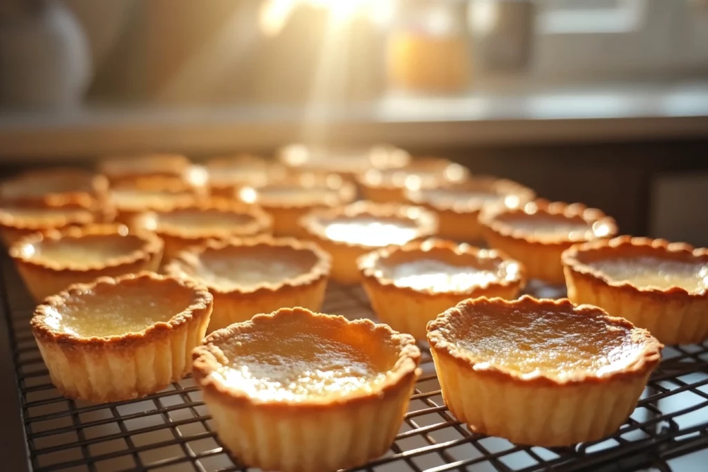 Golden baked tart shells cooling on a wire rack in natural light