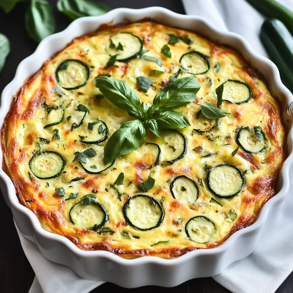 Baked zucchini quiche recipe in a white ceramic dish garnished with fresh basil