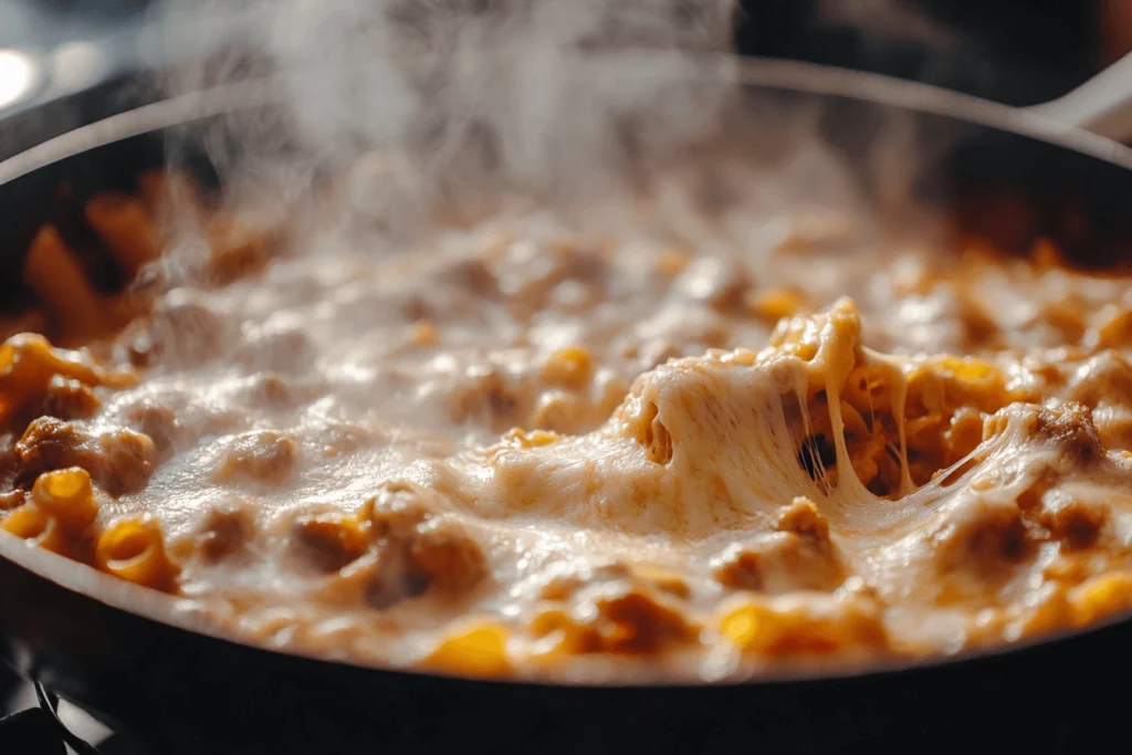 Melted cheese blending into pasta and beef in a skillet, stirred for a creamy cheesy taco pasta dish.