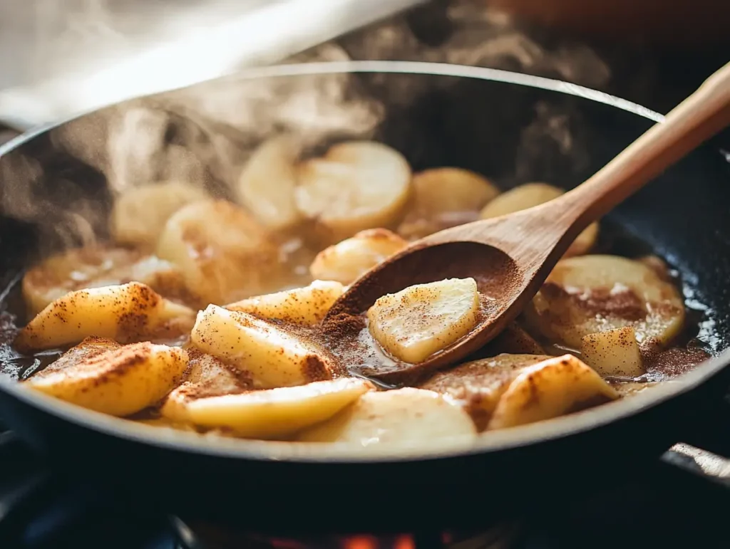 Apples cooking in a skillet with cinnamon and brown sugar for blondie filling