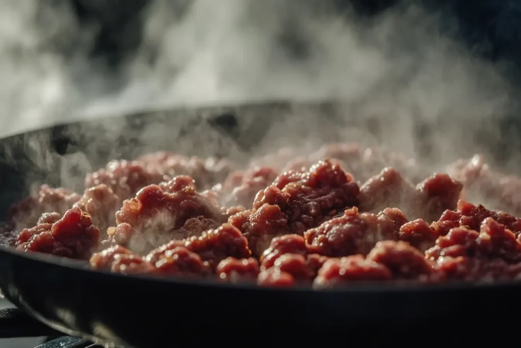 Ground beef browning in a skillet with spices, ready for assembling into burger bowls.