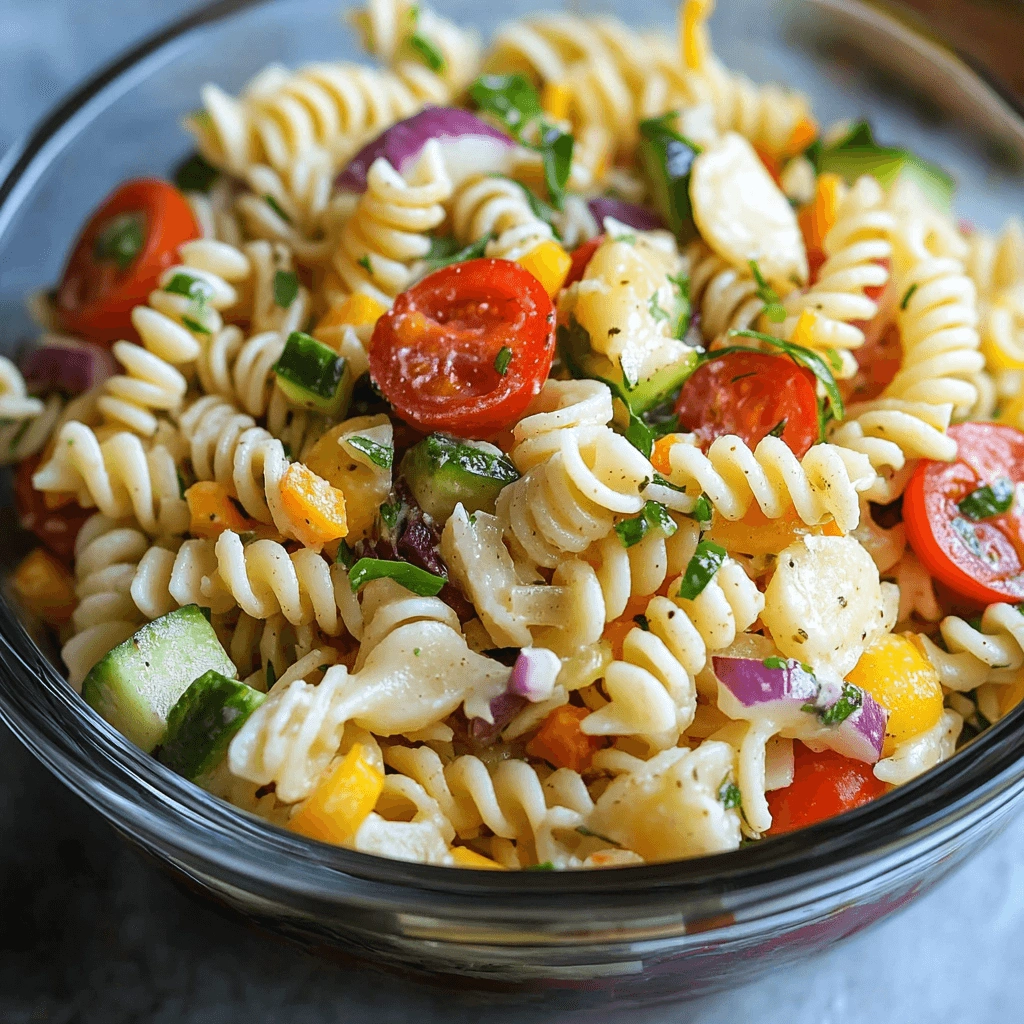 Overhead view of colorful pasta salad with vegetables, cheese, and herbs in a white serving bowl.