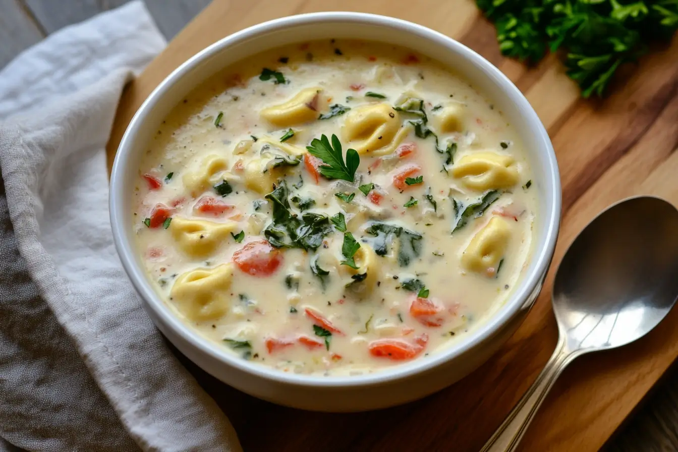 Overhead shot of a bowl of slow cooker creamy tortellini soup garnished with parsley and Parmesan