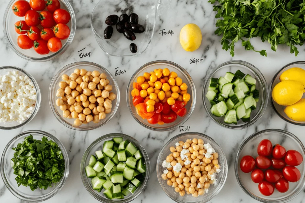 Colorful ingredients for Mediterranean chickpea salad displayed in bowls on a marble countertop.