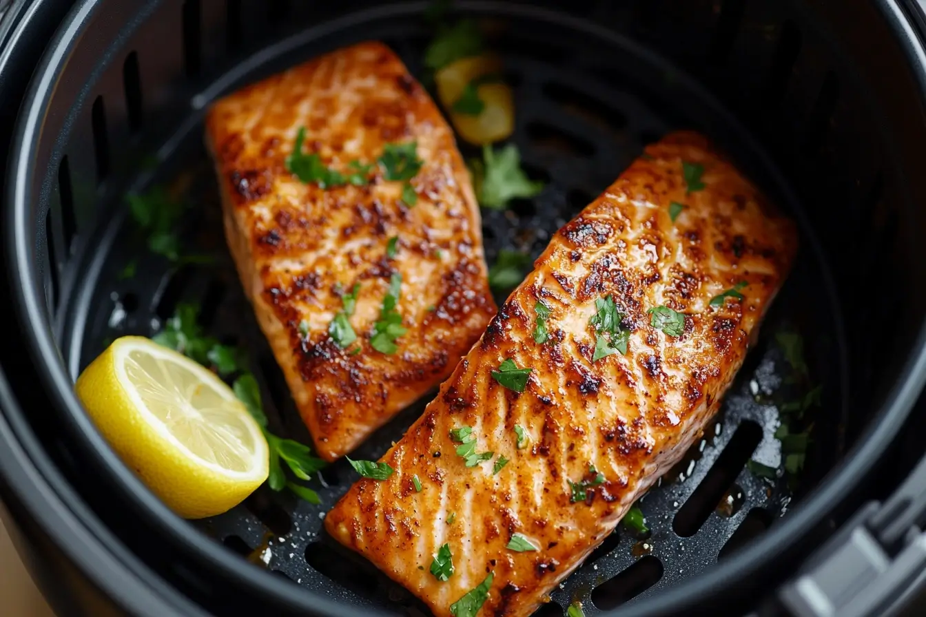 Crispy air fryer salmon filets with lemon and parsley in an air fryer basket