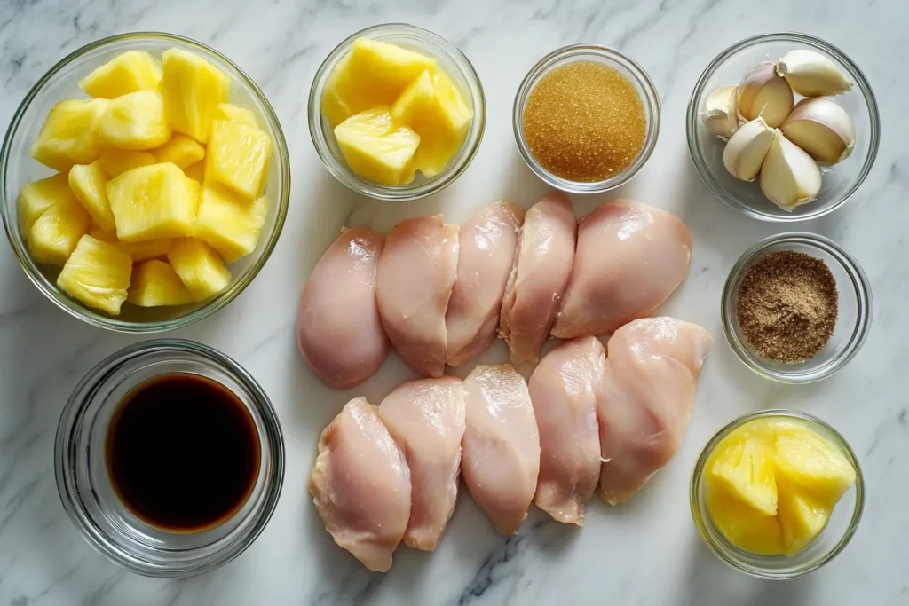 Flat lay of labeled ingredients for Sweet Hawaiian Crockpot Chicken on a white kitchen surface.