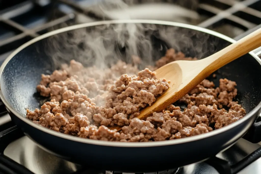 Ground beef browning in a skillet on a stove with steam rising