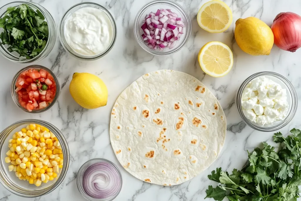 Flat lay of fresh and healthy ingredients for tuna melt wrap including tuna, yogurt, mustard, lemon, corn, onion, cheese, and tortilla.