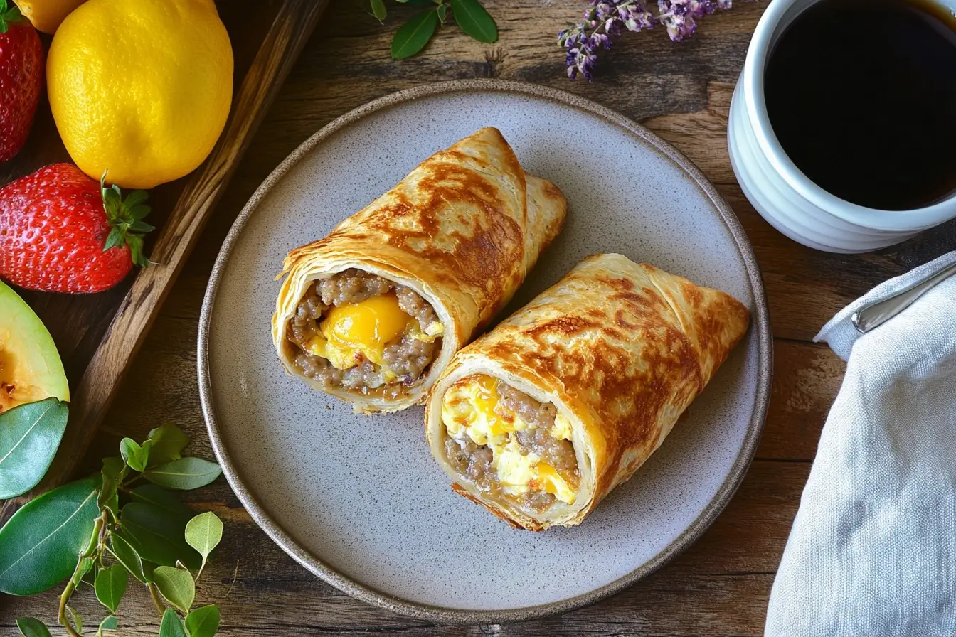 Toasted sausage egg and cheese breakfast roll-up sliced open to show melted cheese on a ceramic plate with coffee and fruit.