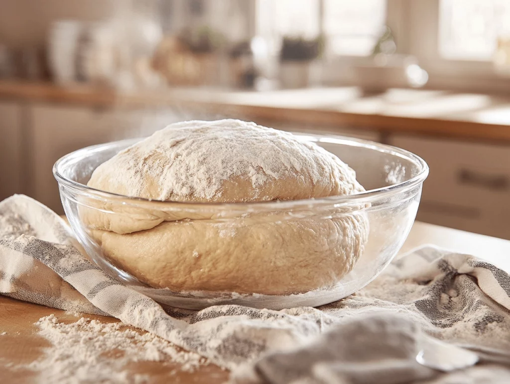 Homemade bread dough rising in a bowl covered partially with a kitchen towel