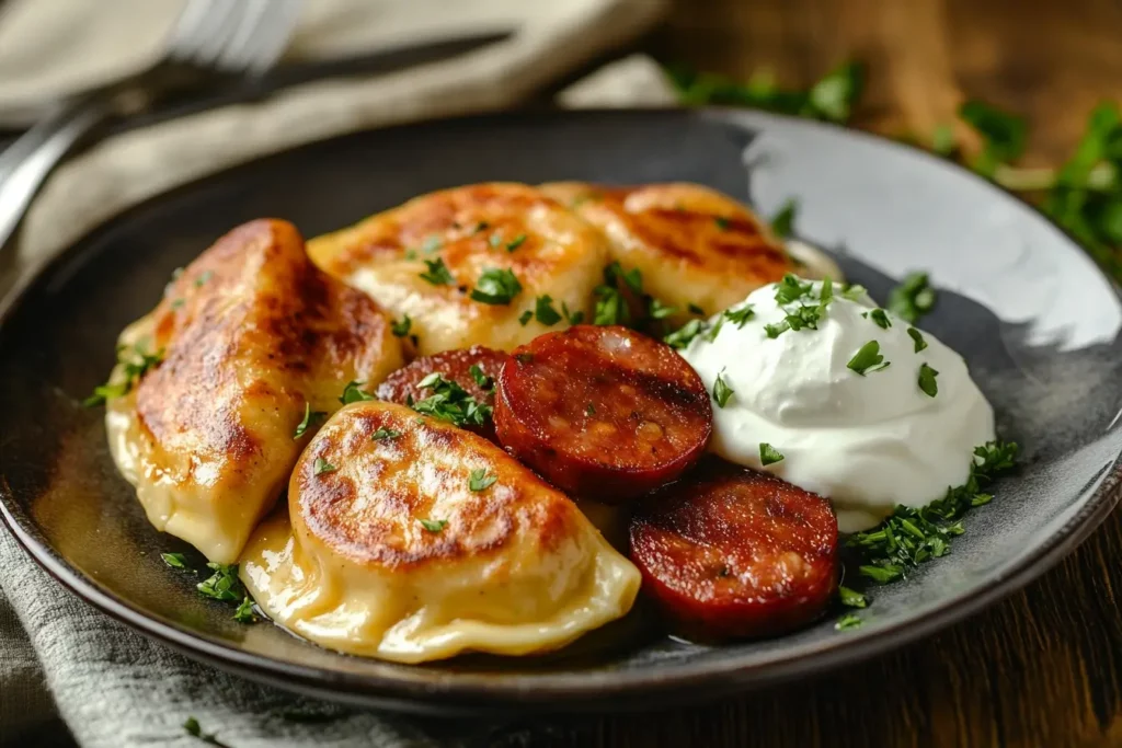 Pierogies and kielbasa served on a plate with sour cream and parsley, ready to eat as a cozy family dinner.