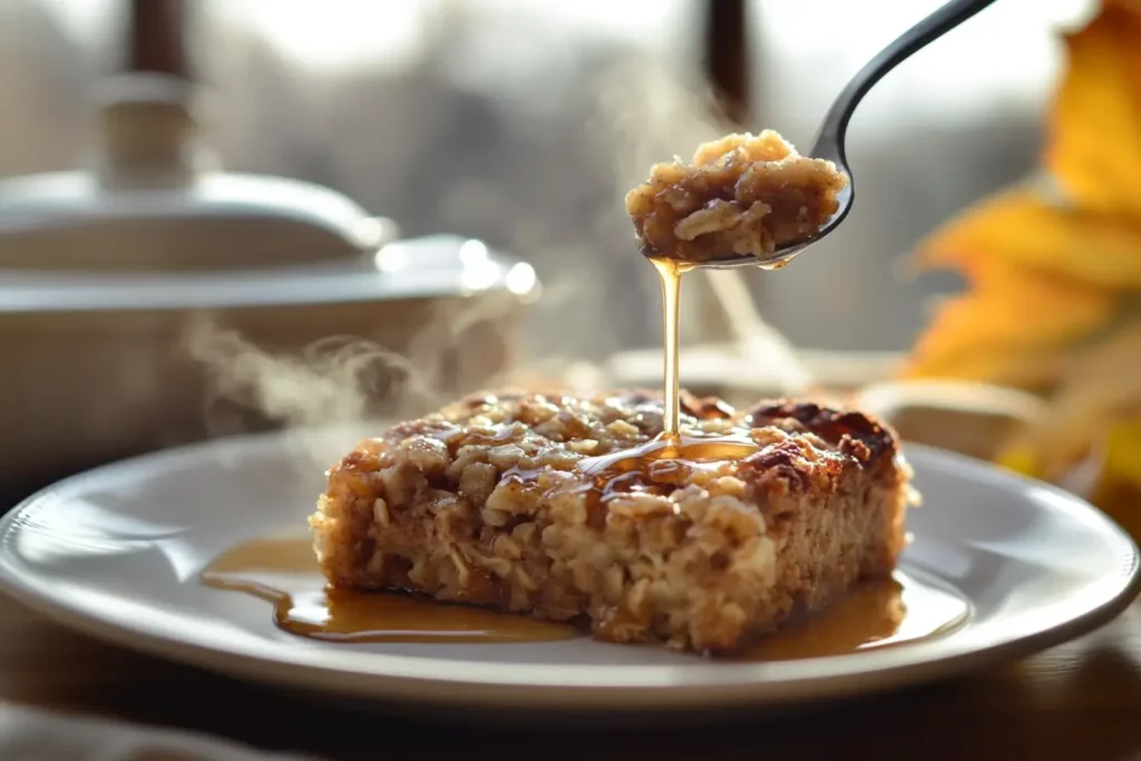 Golden baked apple oatmeal breakfast sliced and ready to serve, with a spoonful plated and maple syrup drizzled on top.