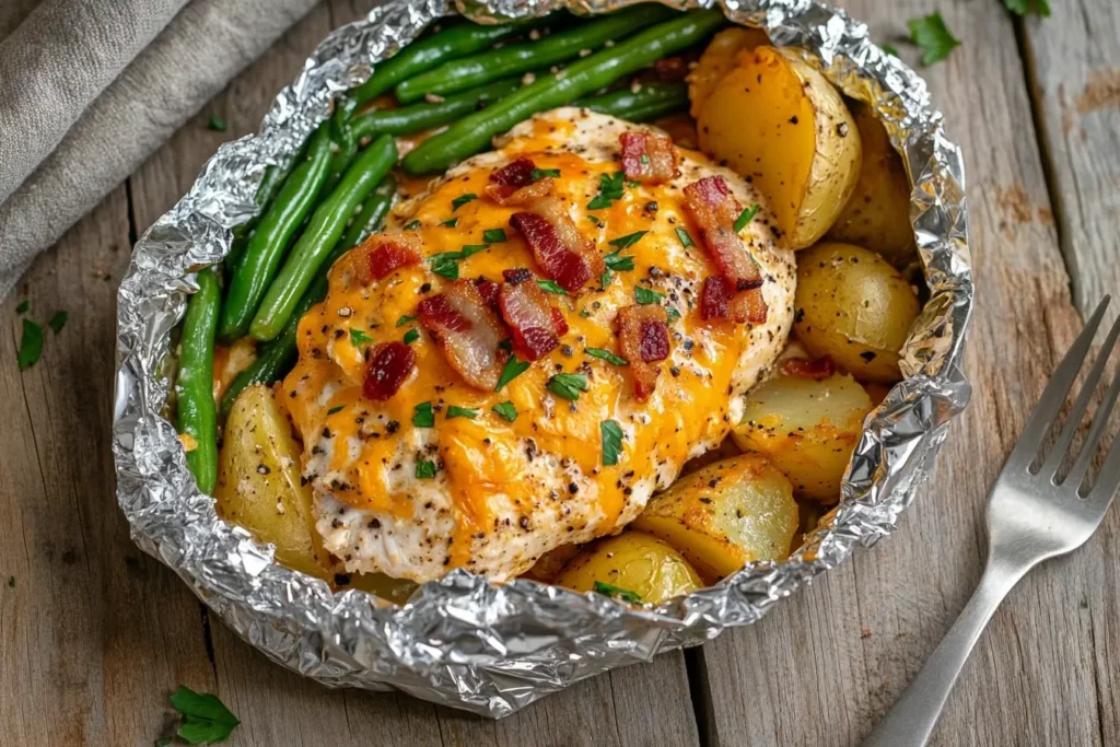 Cooked bacon ranch chicken foil packet with melted cheese, bacon, and roasted vegetables.