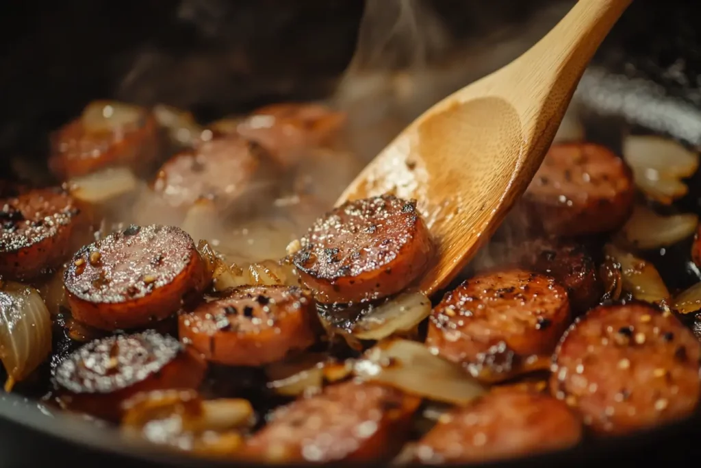 Sliced kielbasa and onions cooking in butter in a skillet, stirred with a wooden spoon for a hearty dinner base.