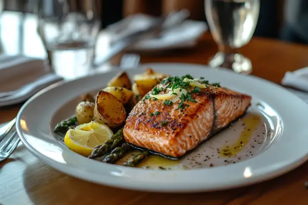 Plated Texas Roadhouse-style salmon served with lemon and parsley on a dinner plate
