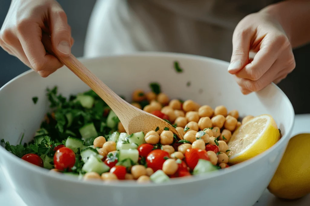 Close-up of hands mixing chickpeas and fresh vegetables for a Mediterranean salad.