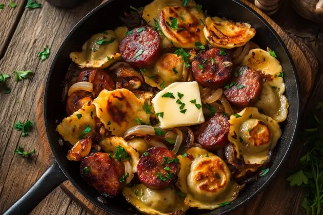 Skillet filled with buttery pierogies, sliced kielbasa, and sautéed onions, served hot for a cozy dinner.