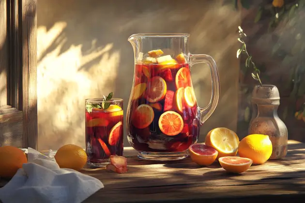 Vibrant red sangria in a pitcher with fruit slices on a rustic table, perfect for summer gatherings.