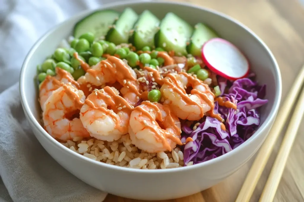 Overhead view of a colorful shrimp poke bowl with rice, vegetables, and spicy mayo, garnished with sesame seeds.