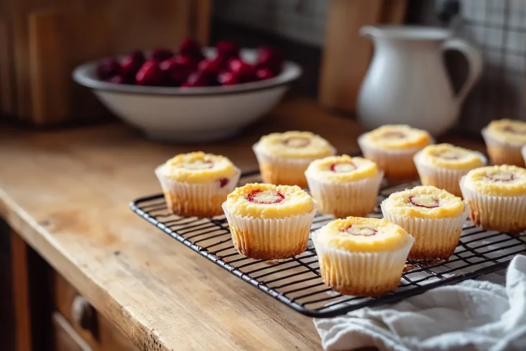 ini berry swirl cheesecakes cooling on a wire rack with fresh berries beside them