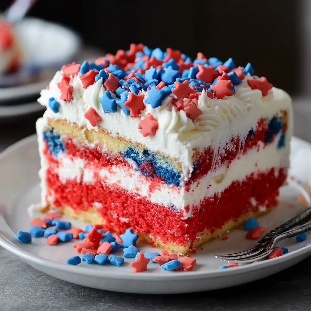 Overhead view of a red, white, and blue poke cake topped with whipped cream and sprinkles, displayed in a white baking dish.