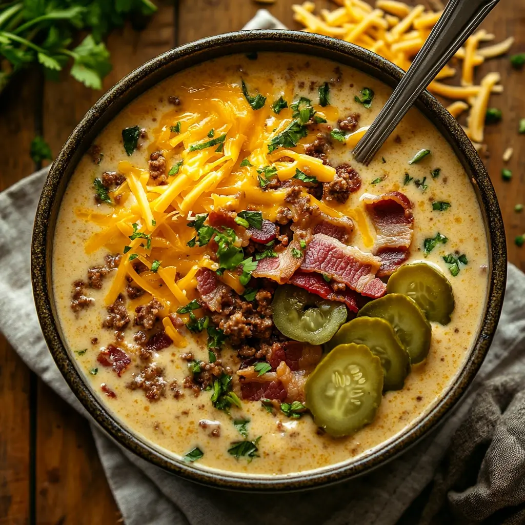 Served bowl of cheeseburger soup topped with bacon, cheddar, and pickles, with garlic bread on the side.