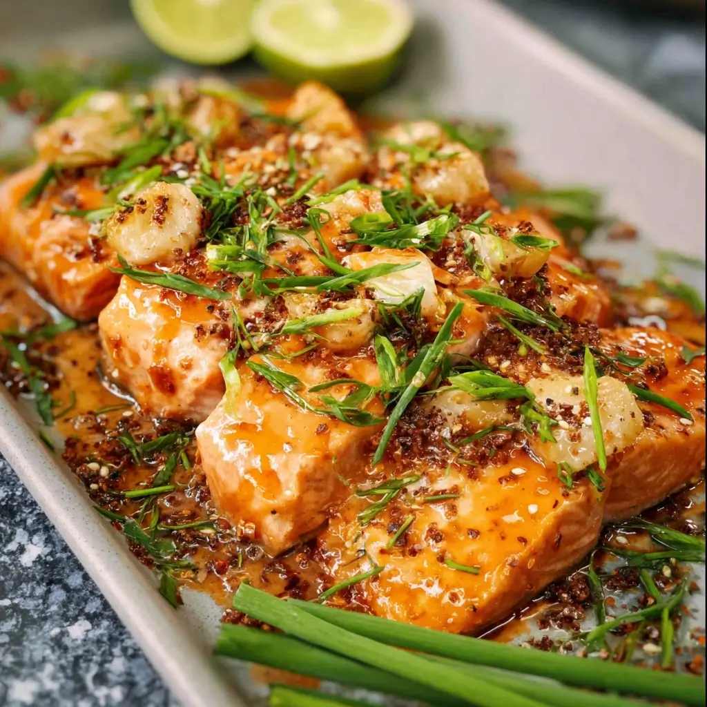 Overhead shot of Bang Bang Salmon bites with sauce, lime, and rice.