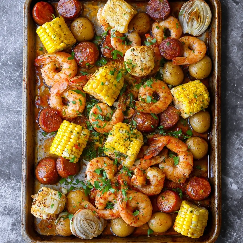 "Delicious Sheet Pan Shrimp Boil with shrimp, sausage, corn, and potatoes, garnished with lemon and parsley on a baking sheet"