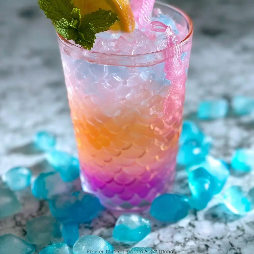 Completed Mermaid Water Mocktail with vibrant layers of pineapple juice, Gatorade Zero Sugar Berry, and Gatorade Frost Glacier Freeze, garnished with pineapple.