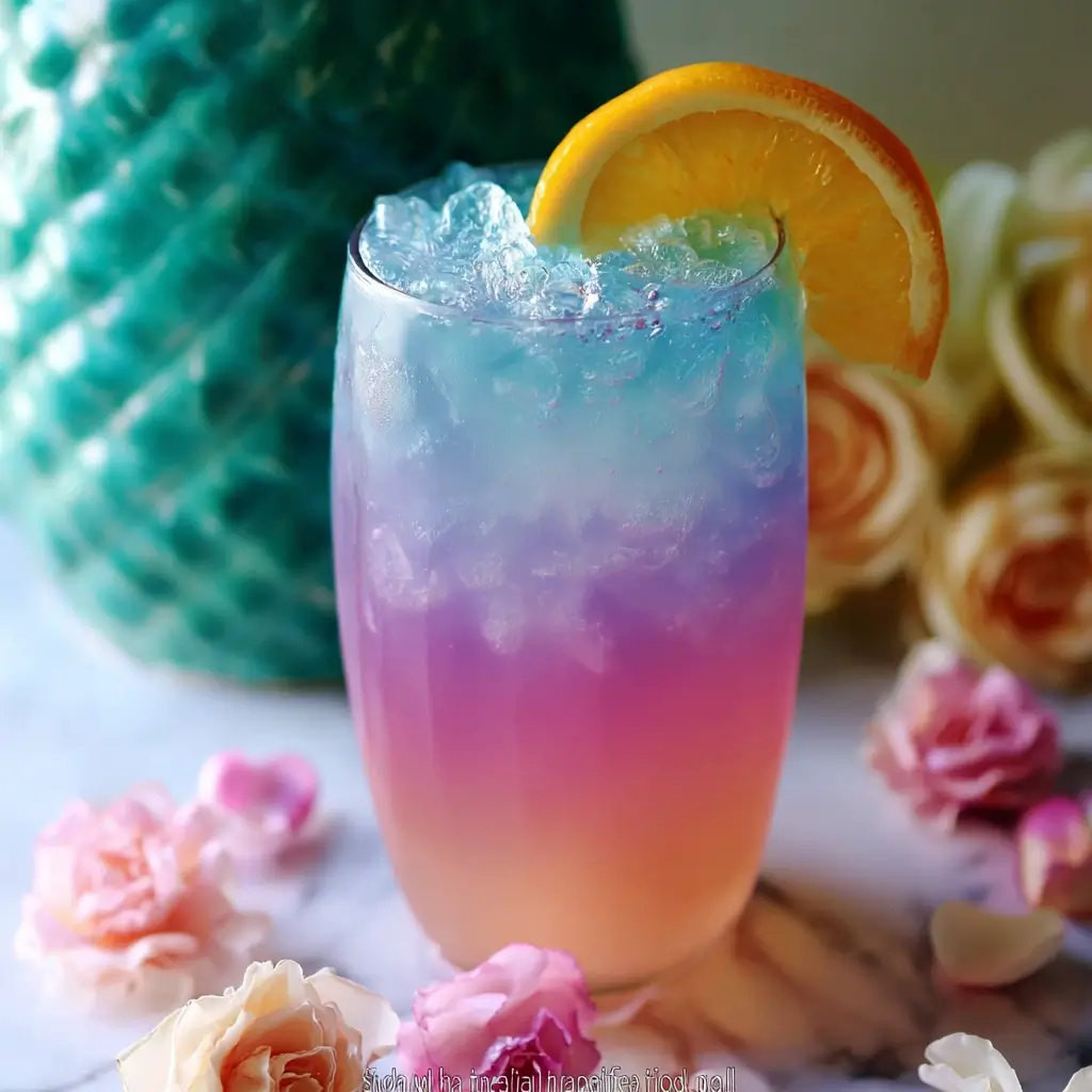 A vibrant Mermaid Water Mocktail layered with pineapple juice, Gatorade Zero Sugar Berry, and Gatorade Frost Glacier Freeze, garnished with pineapple and a straw