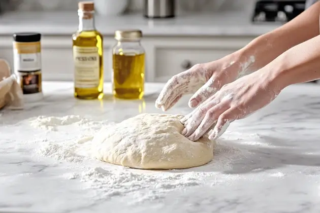 Hands kneading pizza dough on a floured marble counter in a bright kitchen.