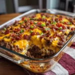 Low‑carb bacon cheeseburger casserole bubbling with melted cheese and bacon in a casserole dish