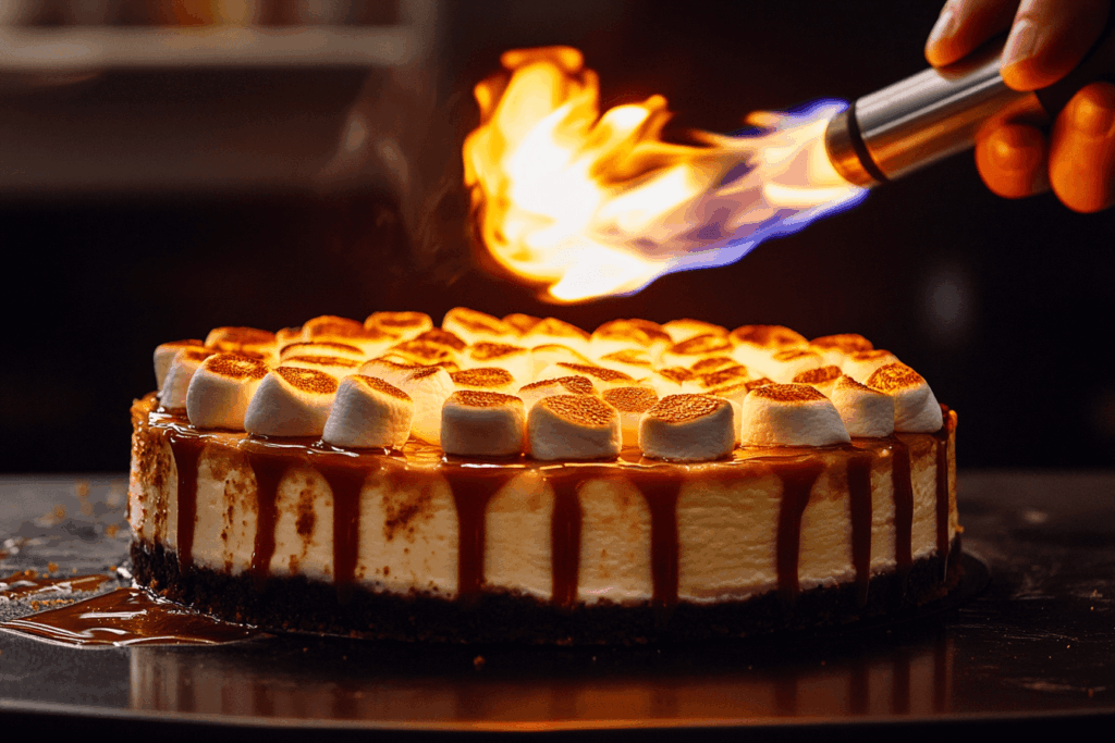 Kitchen torch caramelizing marshmallows on cheesecake