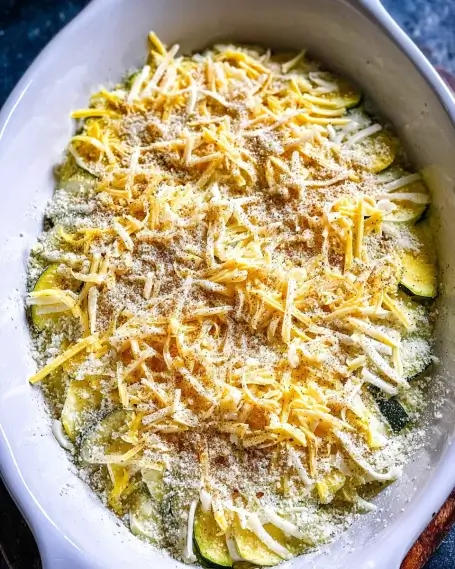 Unbaked Yellow Squash Casserole with Cheese and Breadcrumbs Unbaked squash casserole topped with shredded cheese and breadcrumbs in a white baking dish