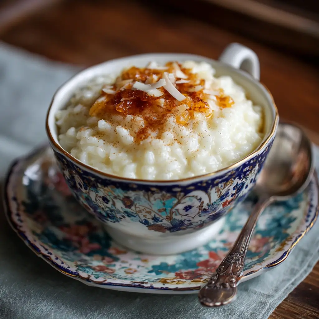 Mom and child sharing a bowl of rice pudding at the kitchen table