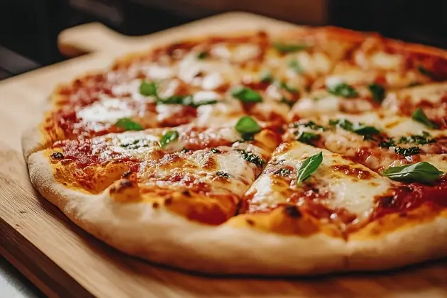  Close-up of baked Margherita pizza with golden crust, melted mozzarella, and basil.