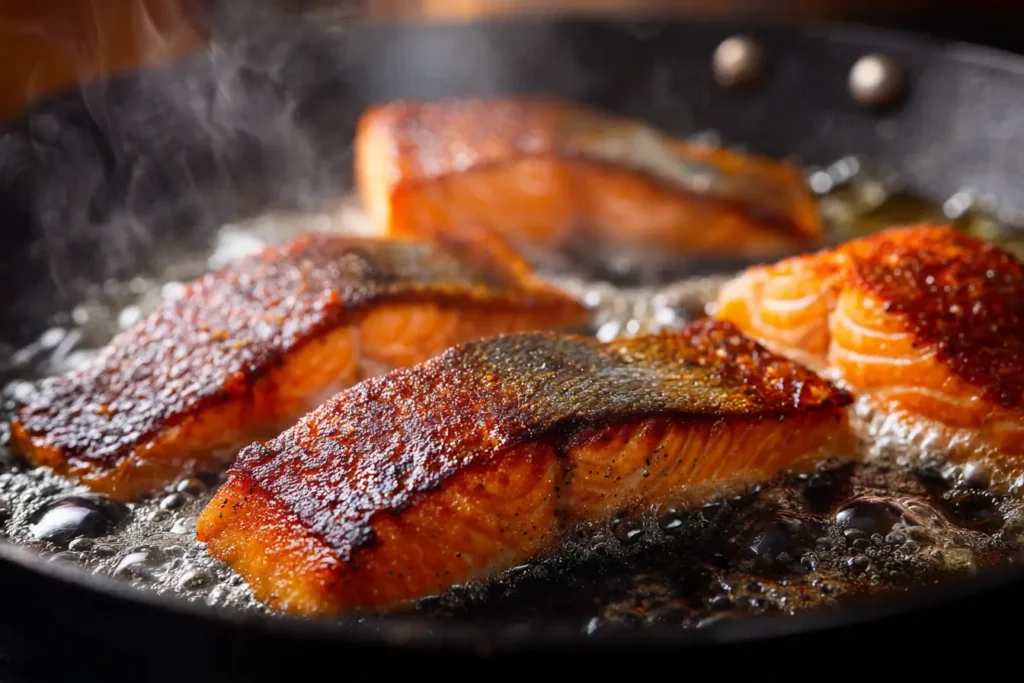 Salmon fillets searing in a skillet, forming a golden crust on one side, ready to be added to the Lemon Orzo Salmon Delight