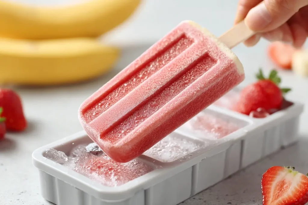 Removing a strawberry banana popsicle from the mold after freezing, ready to enjoy on a warm summer day