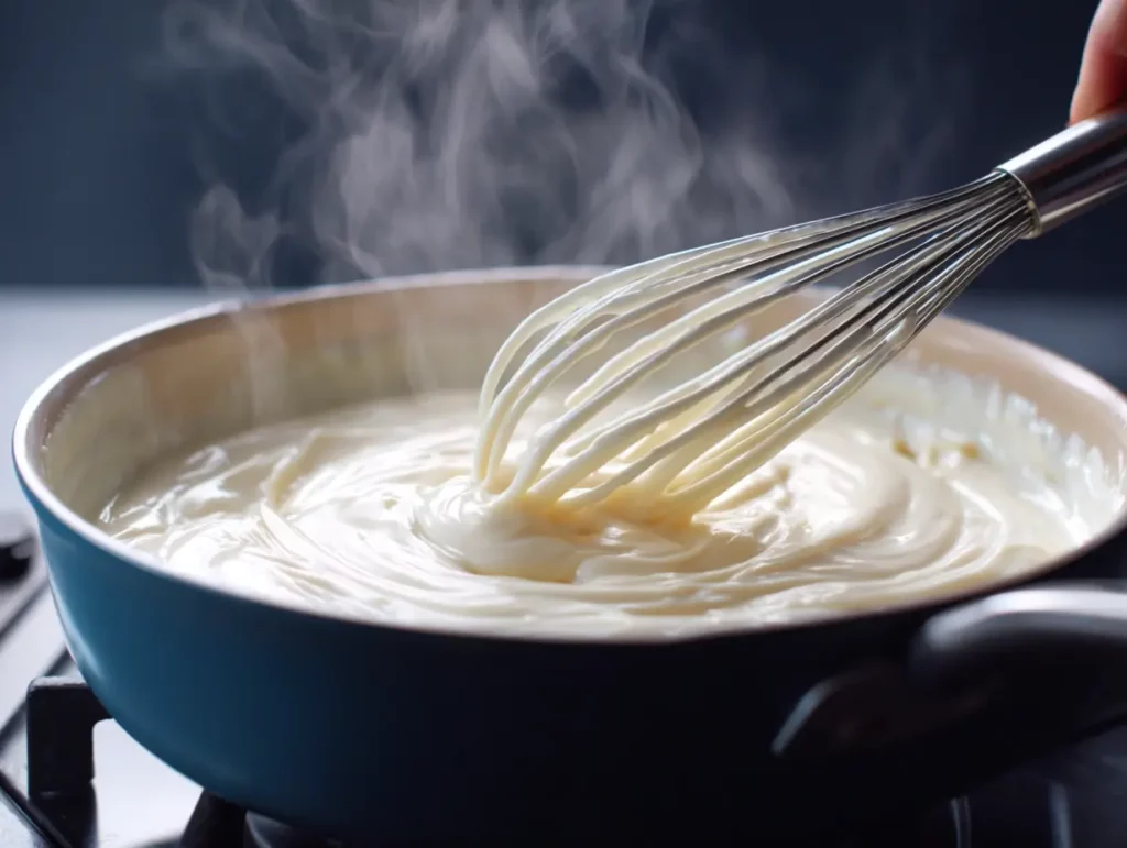 Creamy white seafood sauce being whisked in a pan