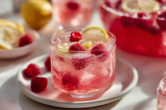 Vibrant Pink Punch in a punch bowl, garnished with fresh raspberries, lemon slices, and raspberry sherbet—the perfect summer drink.