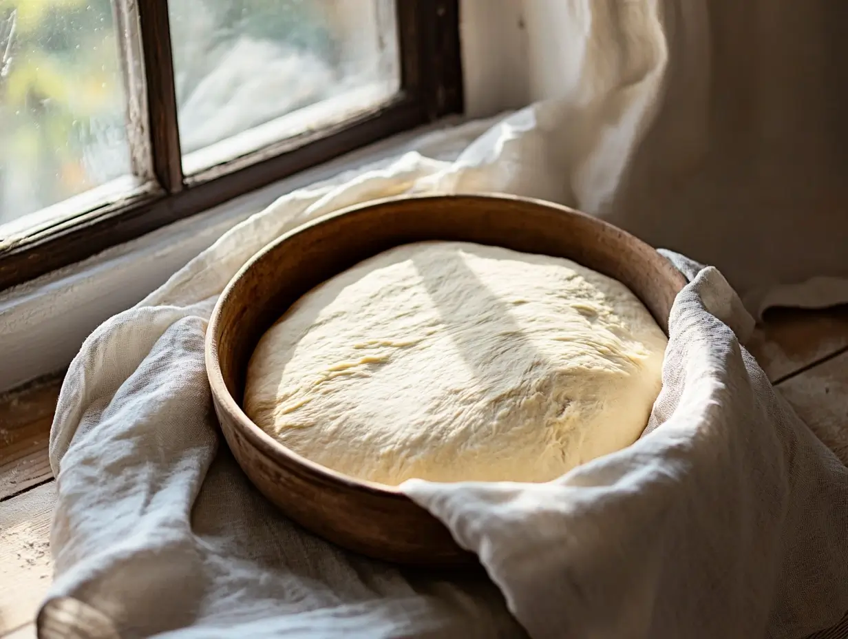 Bowl of risen Italian pizza dough under a linen cloth on a sunny kitchen table.