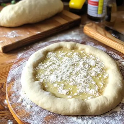 Stretching fresh pizza dough by hand on a floured counter with ingredients nearby.