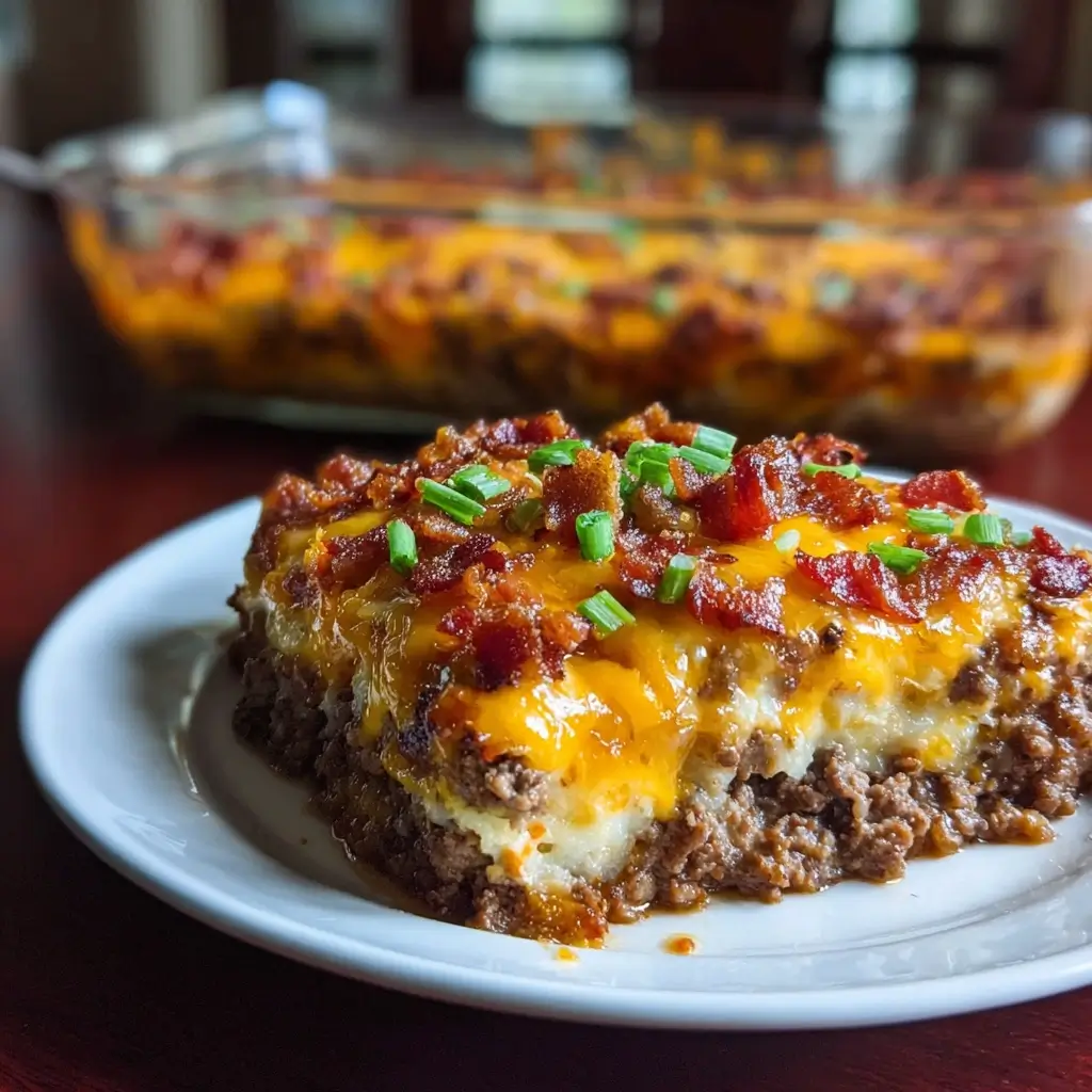A plate of low‑carb bacon cheeseburger casserole served with side salad