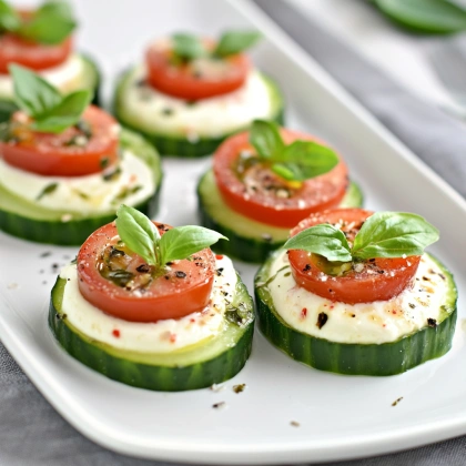 Plated Keto Cucumber Caprese Bites with mozzarella, tomato, basil, and balsamic on a white serving dish