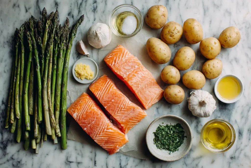 Raw ingredients including salmon fillets, potatoes, and asparagus laid out for one pan dinner prep